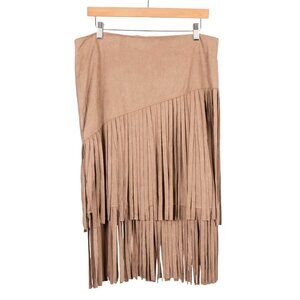 Fringe Vegan Suede Midi Skirt 12 Womens Tan Western Hippie Boho Asymmetrical